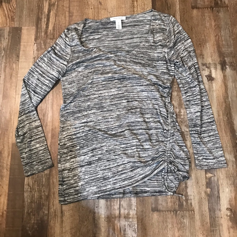 White House Black Market Gray Black White Long Sleeve Top Casual Fitted V Neck